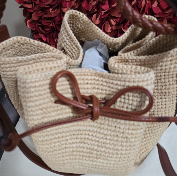 SEZANE  Woven Crochet Raffia & Leather Drawstring Crossbody Zelie Bucket Bag - Picture 11 of 11
